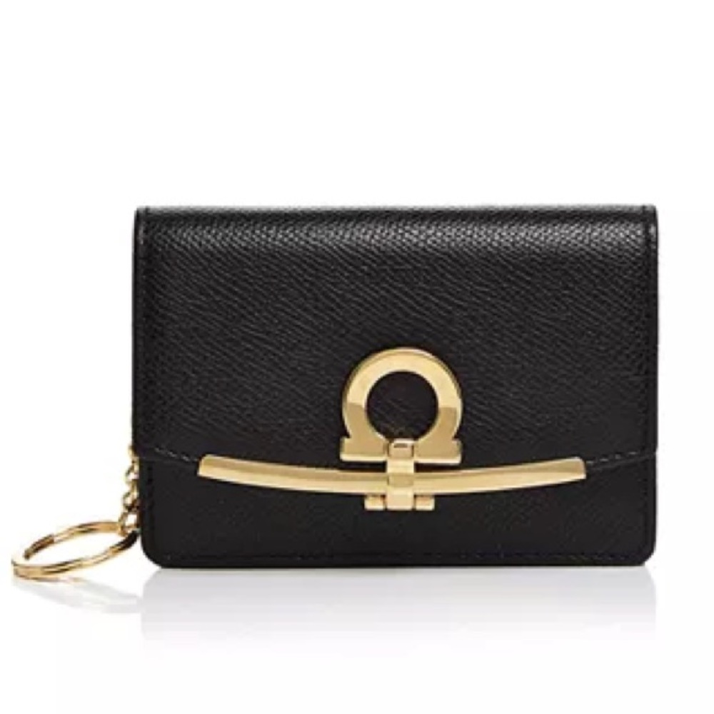 Salvatore Ferragamo Gancini Black Gold Key Card Holder with Chain: Black&Gold